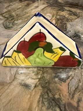Hand Painted Ceramic Fruit Napkin Holder Kitchen Counter Decor No markings.